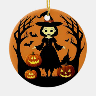 Halloween-Hexe mit Kürbissen in einer unheimlichen Keramik Ornament