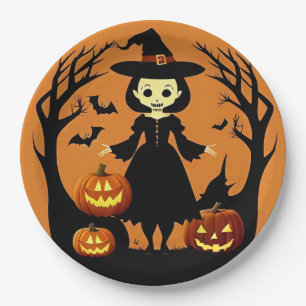 Halloween-Hexe mit Kürbissen in einer unheimlichen Pappteller