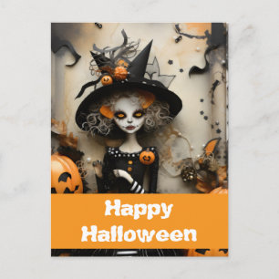 Halloween-Hexe mit Kürbissen Postkarte
