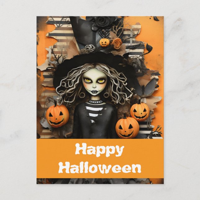 Halloween-Hexe mit Kürbissen Postkarte (Vorderseite)