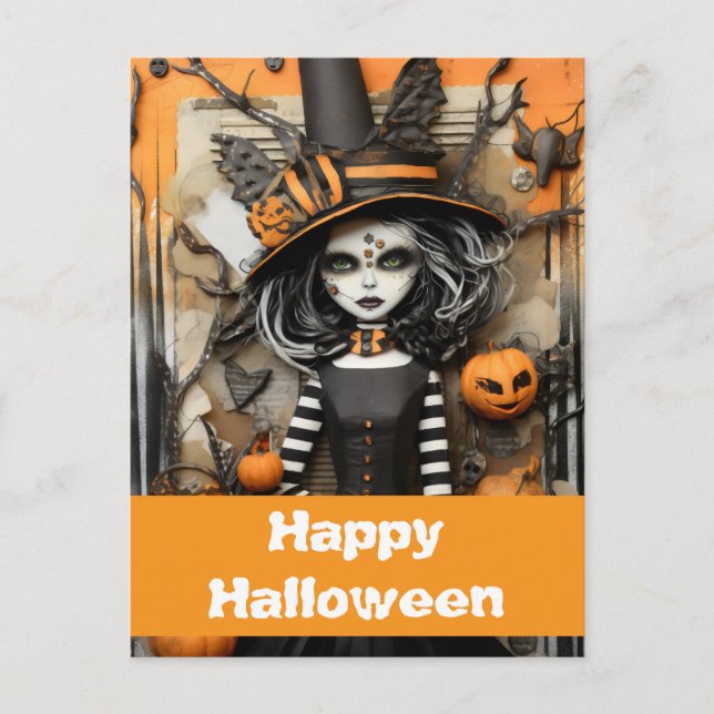 Halloween-Hexe mit Kürbissen Postkarte (Vorderseite)