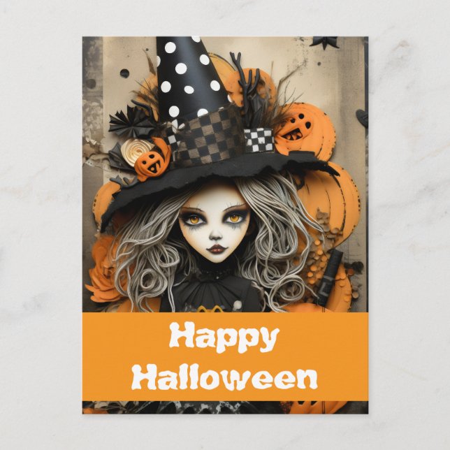 Halloween-Hexe mit Kürbissen Postkarte (Vorderseite)