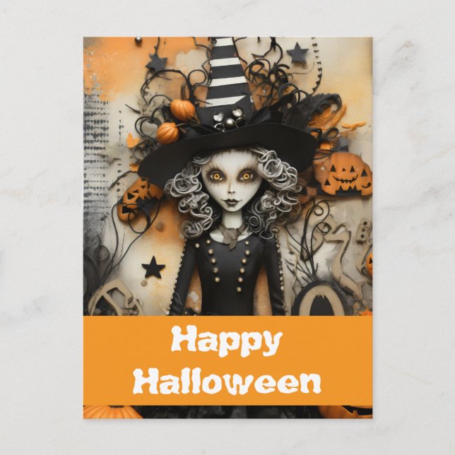 Halloween-Hexe mit Kürbissen Postkarte (Vorderseite)