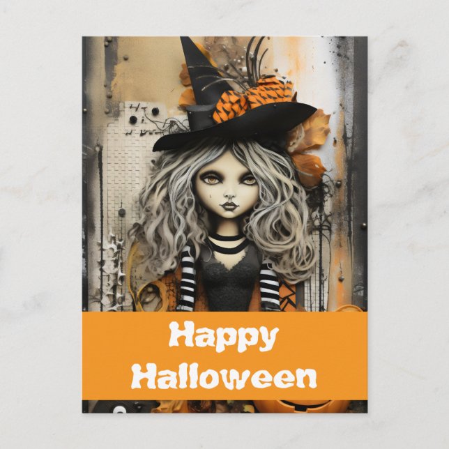 Halloween-Hexe mit Kürbissen Postkarte (Vorderseite)