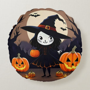 Halloween-Hexe mit Kürbissen Rundes Kissen