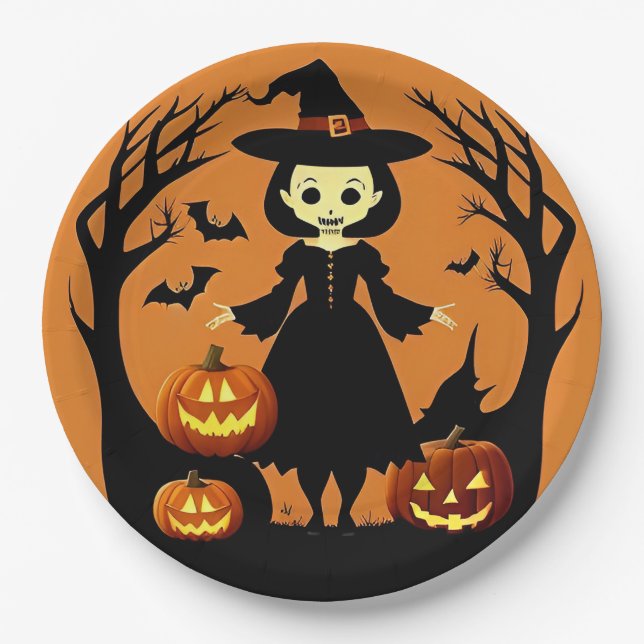 Halloween Hexe mit Kürpen in einer unheimlichen Ei Pappteller (Vorderseite)