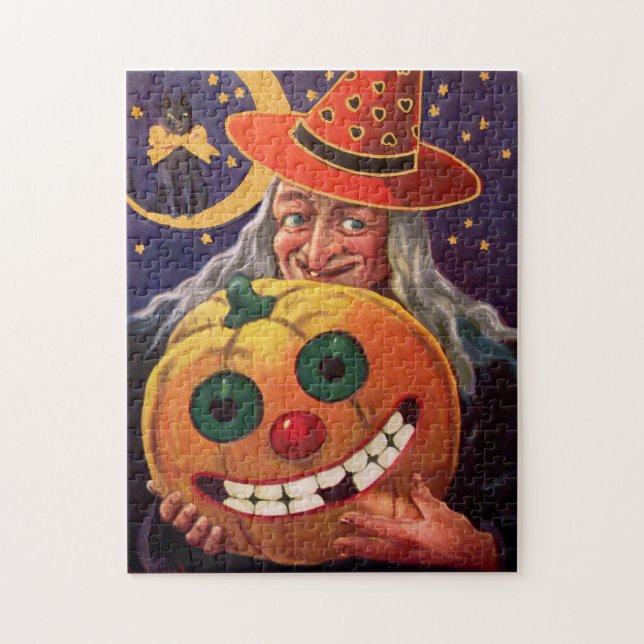 Halloween-Hexe mit lustigem Kürbis Puzzle (Vertikal)