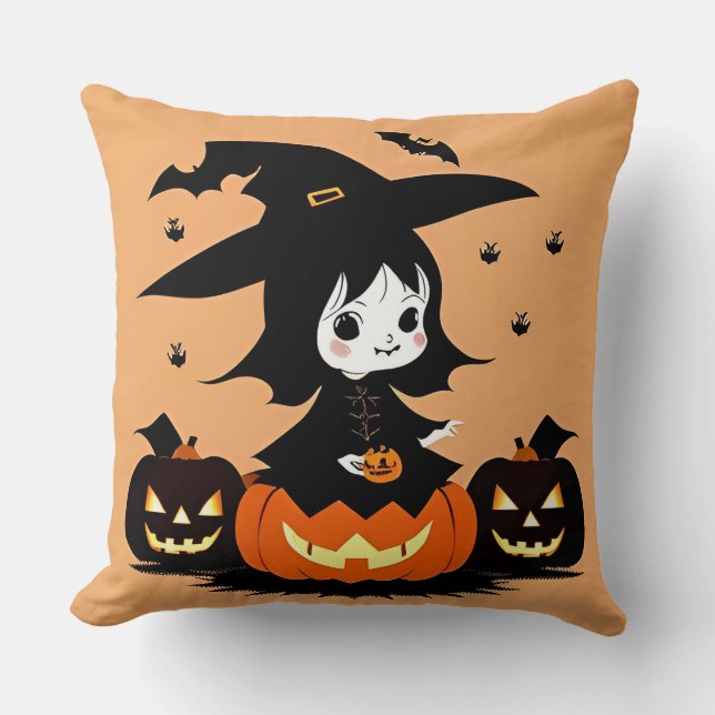Halloween Hexe mit Pumpkins Kissen (Vorderseite)