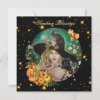 Halloween-Hexe mit schwarzem Kätzchen Grußkarte