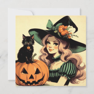 Halloween-Hexe mit schwarzer Katze und Kürbislater Karte
