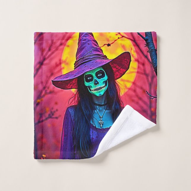 Halloween Hexe mit Skull Face Design Badhandtuch Set (Waschlappen)