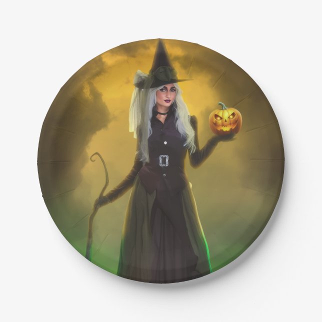 Halloween Hexe mit Stock Pappteller (Vorderseite)