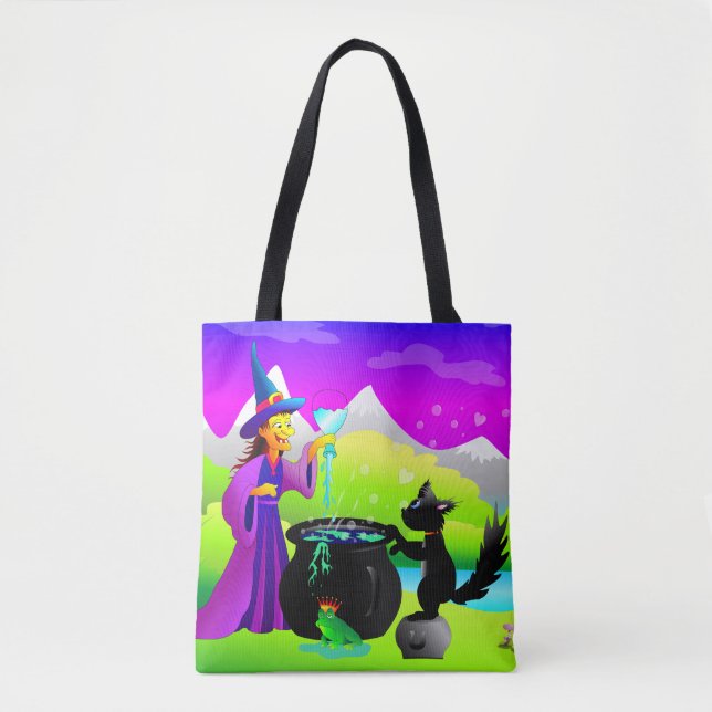 Halloween Hexe mit Zaubertrank und schwarzer Katze (Vorderseite)