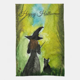 Halloween Hexe schwarze Katze Frau Zauber Geschirrtuch