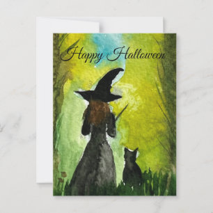 Halloween Hexe schwarze Katze Frau Zauber Postkarte