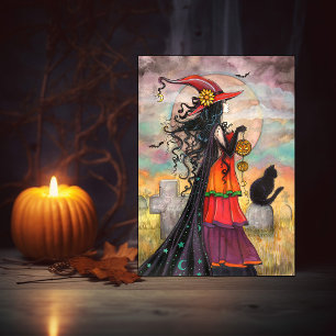 Halloween Hexe schwarze Katze Friedhof Fantasy Kun Karte