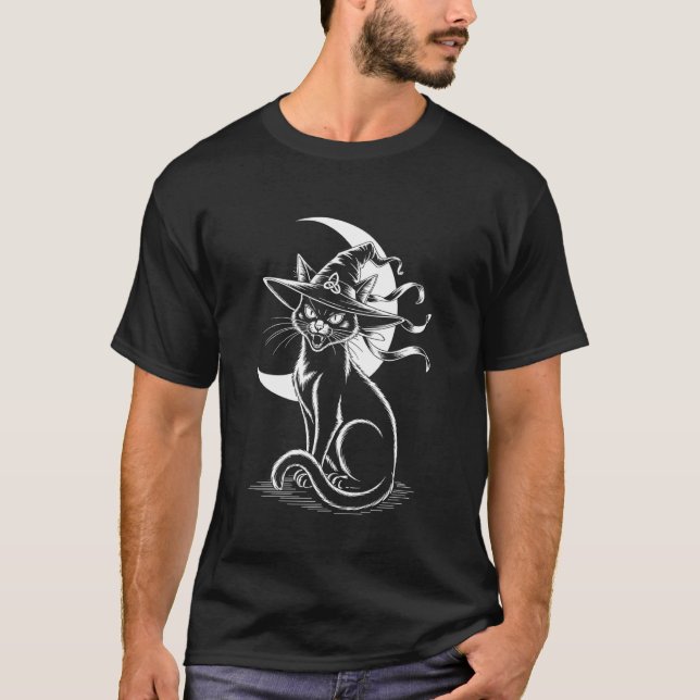 Halloween Hexe schwarze Katze T-Shirt (Vorderseite)