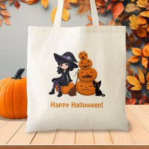 Halloween-Hexe, schwarze Katze und Kürbisse Tragetasche