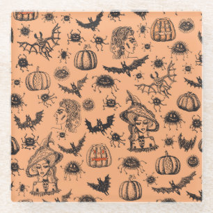 Halloween Hexe Silhouette: Cartoon Muster. Glasuntersetzer