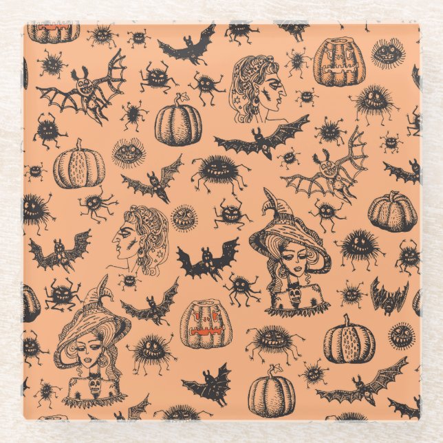 Halloween Hexe Silhouette: Cartoon Muster. Glasuntersetzer (Vorderseite)