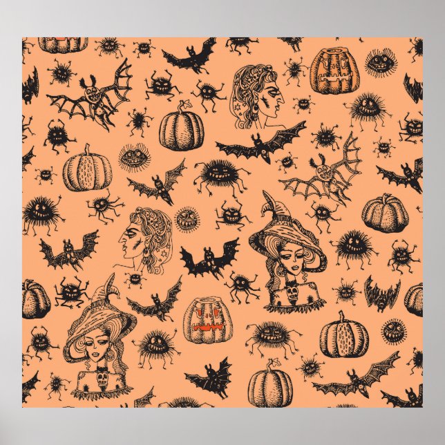 Halloween Hexe Silhouette: Cartoon Muster. Poster (Vorne)