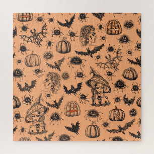 Halloween Hexe Silhouette: Cartoon Muster. Puzzle