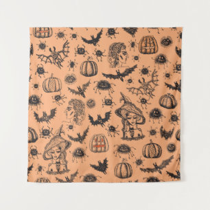 Halloween Hexe Silhouette: Cartoon Muster. Wandteppich