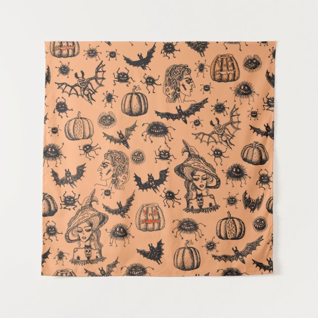 Halloween Hexe Silhouette: Cartoon Muster. Wandteppich (Vorderseite)