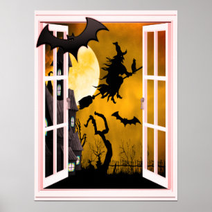 Halloween-Hexe-Silhouette-Fenster-Ansicht Poster