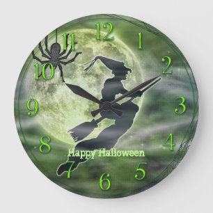 Halloween-Hexe-Silhouette mit Spinne Große Wanduhr