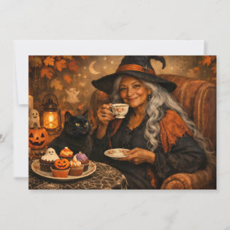 Halloween-Hexe trinkt Tee mit Cupcakes Karte