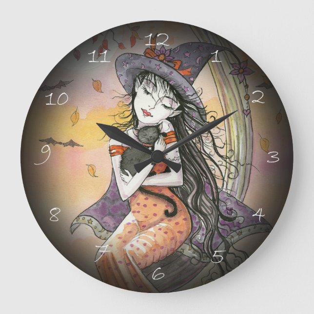 Halloween Hexe und Cat Fantasy Art Clock Große Wanduhr (Vorderseite)