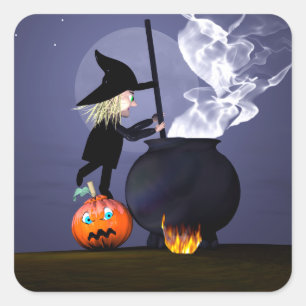 Halloween Hexe und Cauldron Quadratischer Aufkleber