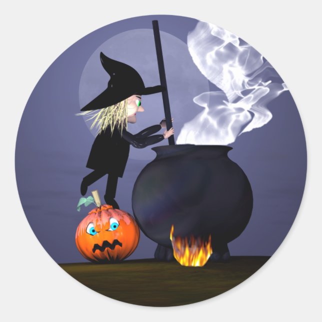 Halloween Hexe und Cauldron Runder Aufkleber (Vorderseite)