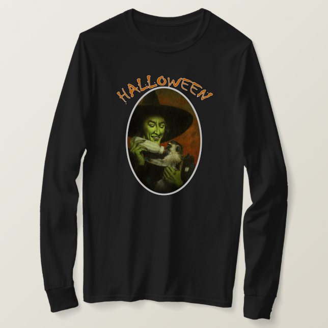 Halloween-Hexe und fliegender Affe-T - Shirt (Design vorne)