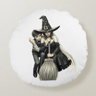 Halloween Hexe und Junge: Dunkle Magie Rundes Kissen