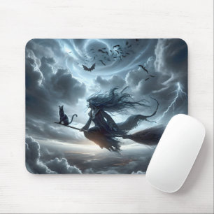 Halloween-Hexe und Katze auf einem Besen Mousepad