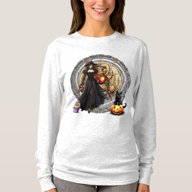 Halloween Hexe und Katze T-Shirt (Vorderseite)