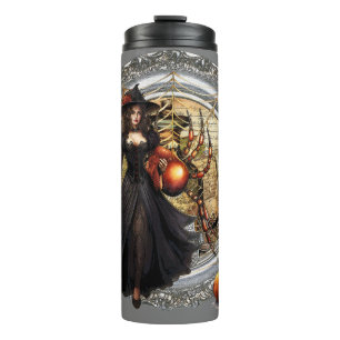 Halloween Hexe und Katze Thermosbecher