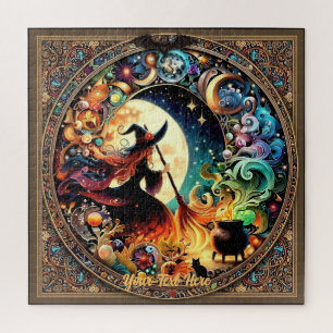 Halloween-Hexe und magischer Kessel unter Vollmond Puzzle