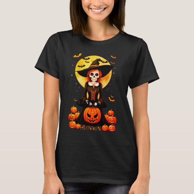 Halloween-Hexe und Orangenkürbis-T - Shirt (Vorderseite)