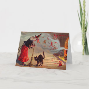 Halloween-Hexe und schwarze Katze Karte