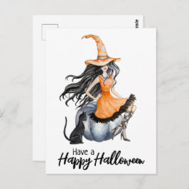 Halloween Hexe und Schwarze Katze Postkarte