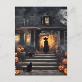 Halloween Hexe und Spuk Haus Postkarte