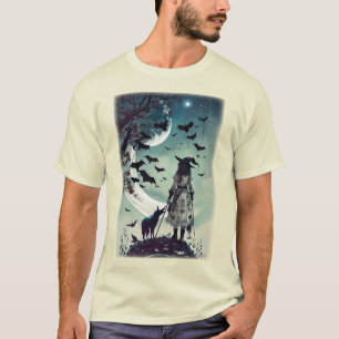 Halloween Hexe und Wolf mit Vollmond und Fledermäu T-Shirt