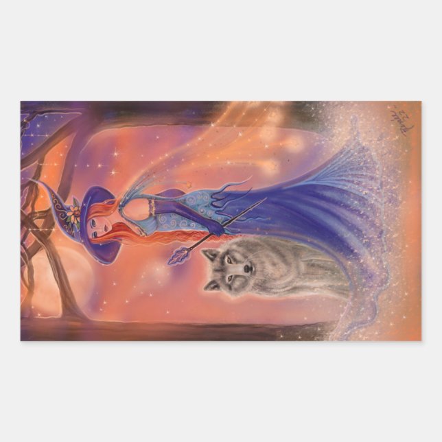 Halloween Hexe und Wolf von Renee Lavoie Rechteckiger Aufkleber (Vorderseite)