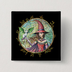 Halloween Hexe Weiße Katze Pin Button