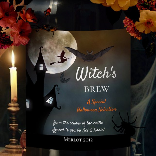 Halloween Hexen Bräu Weinetikett (Halloween wine label featuring a witch flying through the night at full moon - with bat and castle)