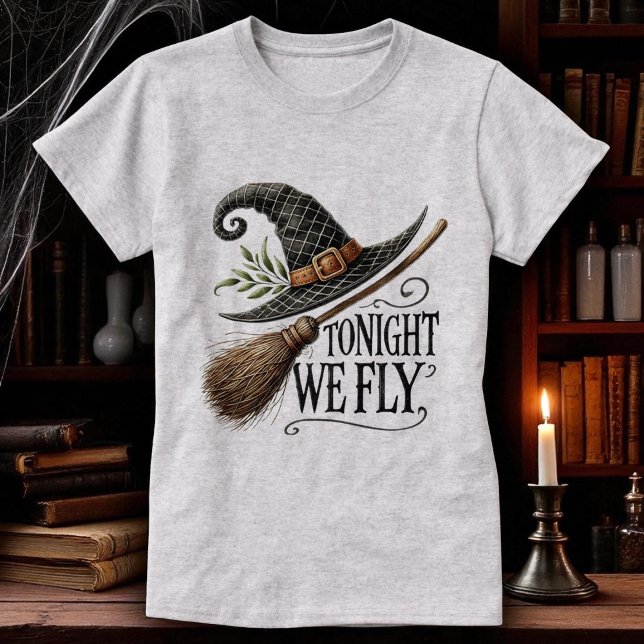 Halloween Hexen Hat Broomstick Grau T-Shirt (Von Creator hochgeladen)