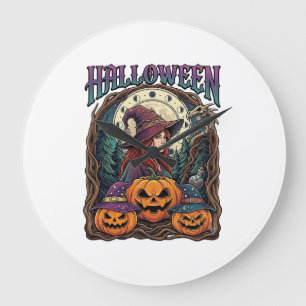 Halloween Hexen-Kürbisse Mondphasen_1 Große Wanduhr